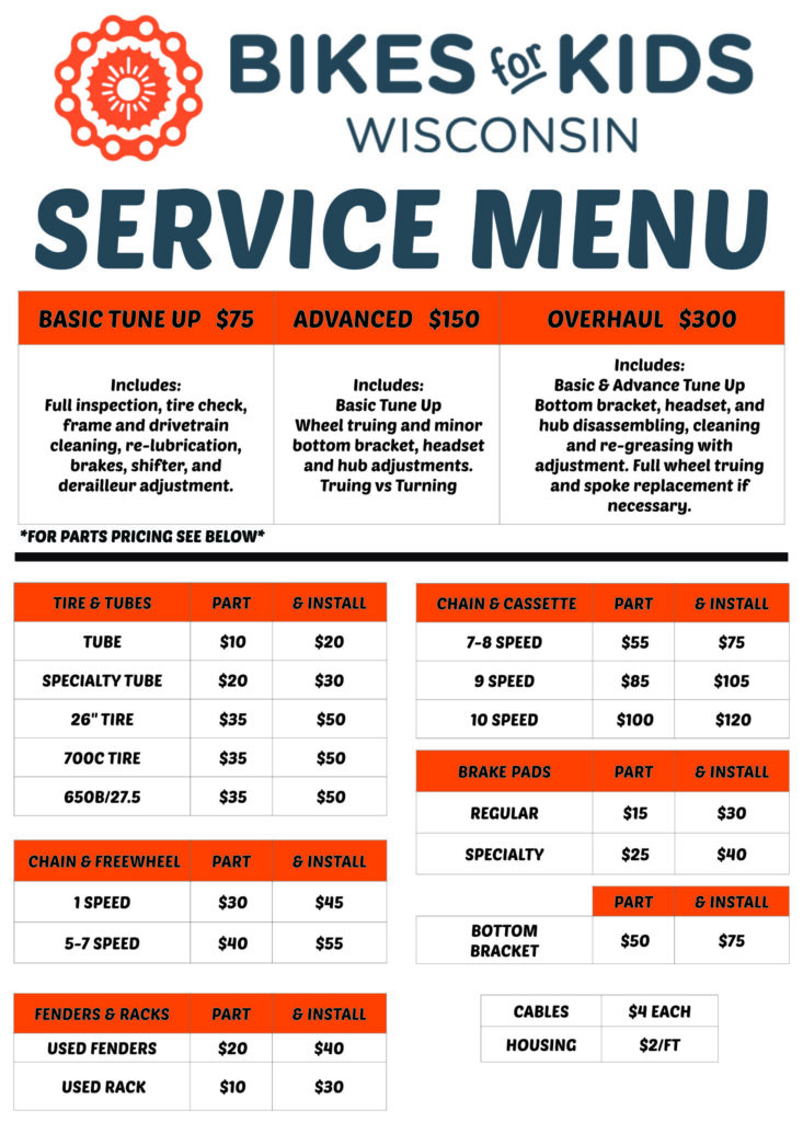 repair service menu and price list