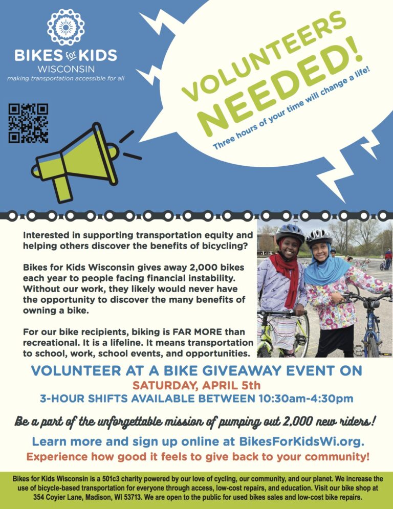 Poster recruiting volunteers for the bike giveaway event