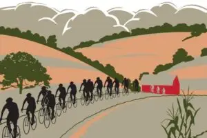 artwork showing bikers on hilly country roads with barn in background