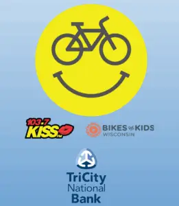 Kiss FM Tri City National Bank Bike Donation Drive graphic in Milwaukee